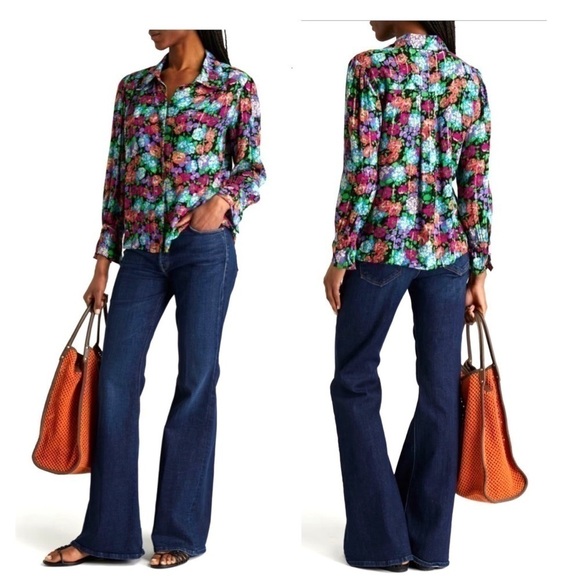 Ellie Tahari Metallic Floral Button Down Long Sleeve Semi Sheer Blouse Top NWT - Picture 2 of 11